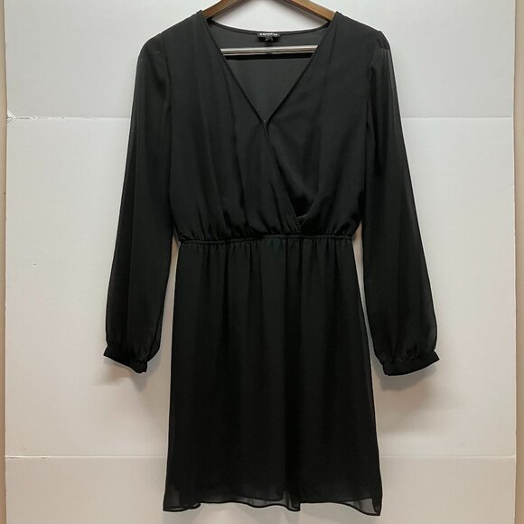 Express A Line Cocktail Dress Womens Black V-Neck Long Sleeve Elastic‎ Waist S - Picture 1 of 8